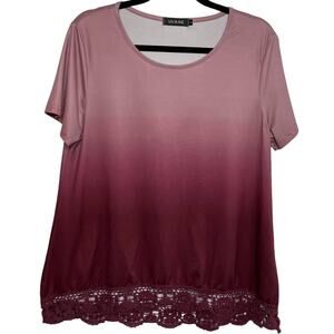 Uuang Ombre Short Sleeves Round Neck Lace Hem Blouse Top Pink/Red Women's Size L